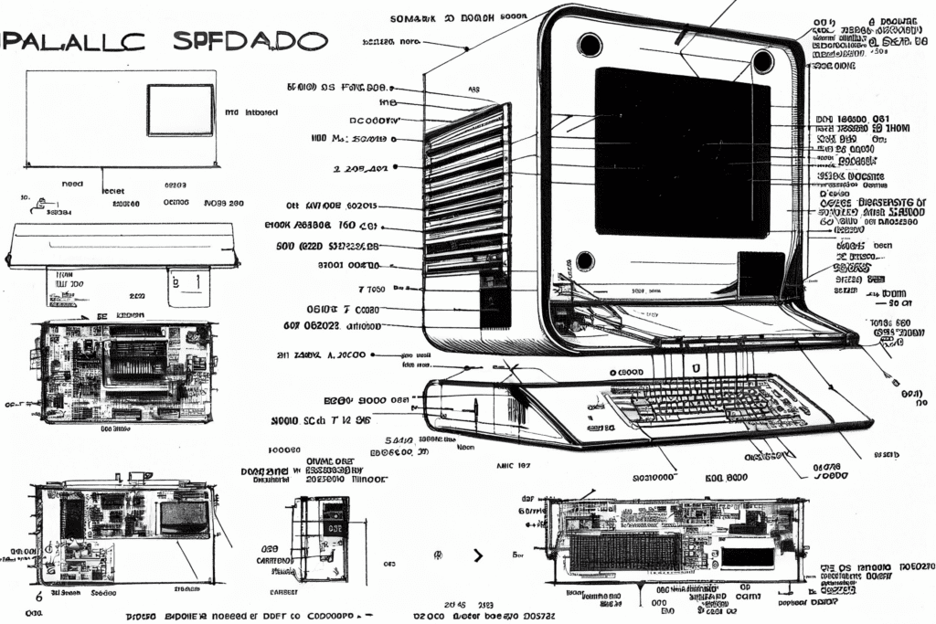 Conceptual diagram of Mac style computer in an exploded diagrammatic view.