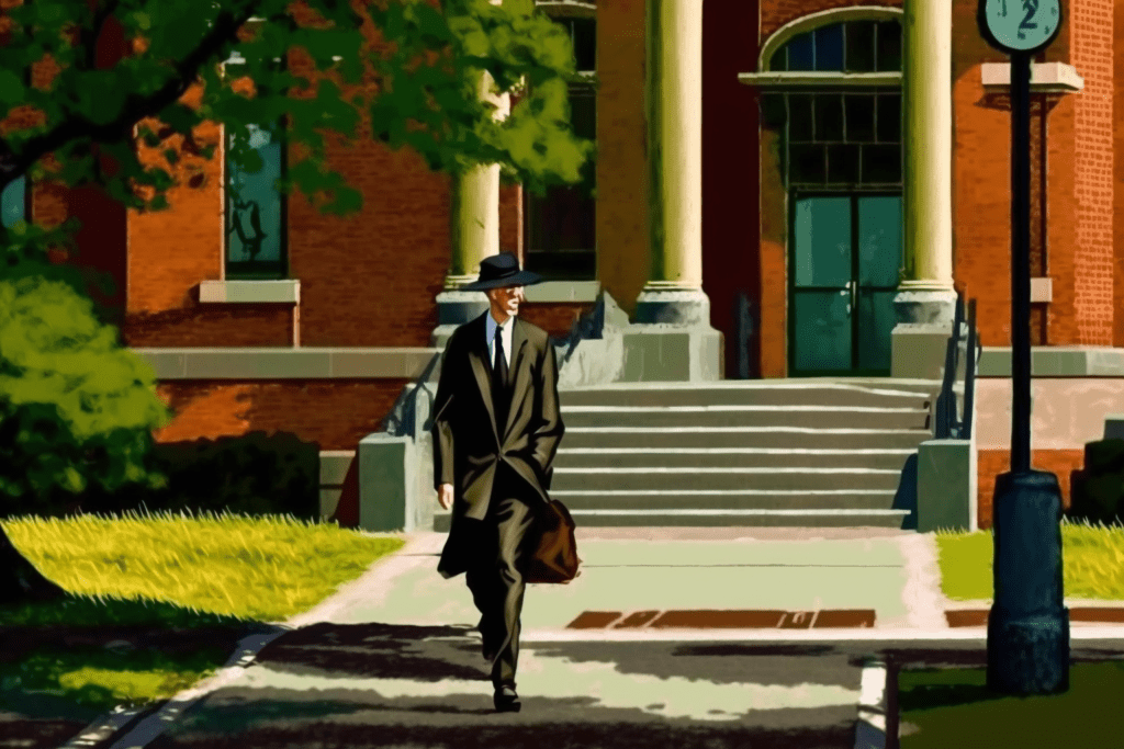 Professor walking on college campus.