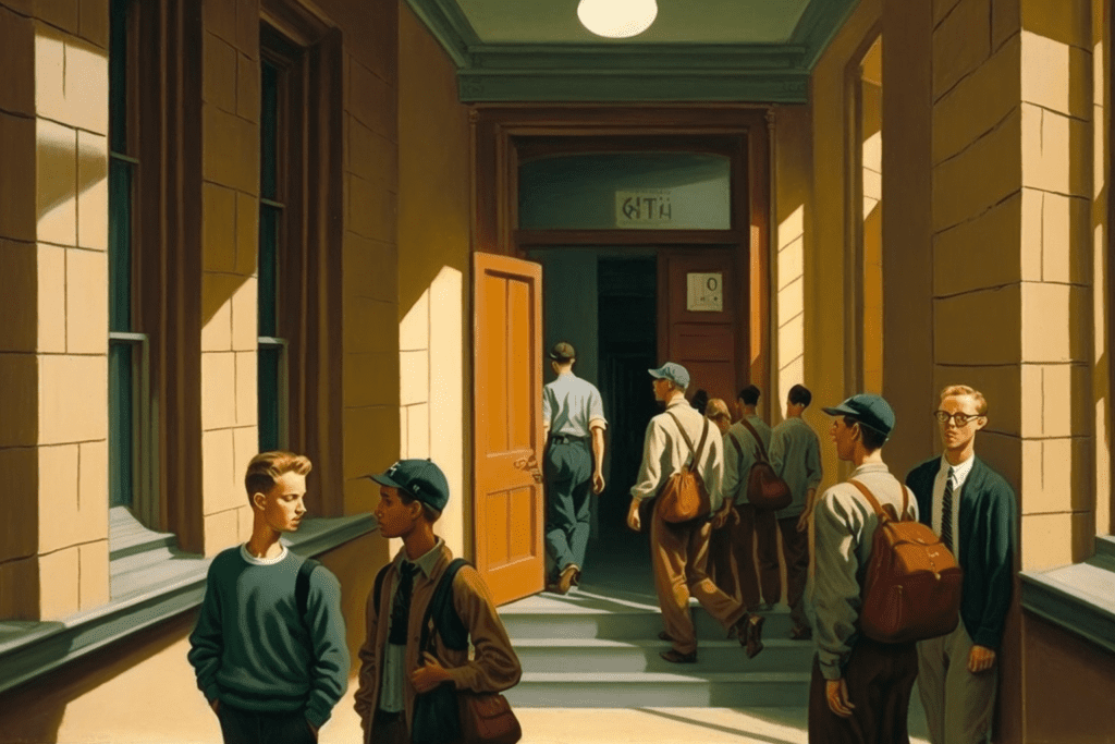 Image of higher education students entering a dorm on campus.
