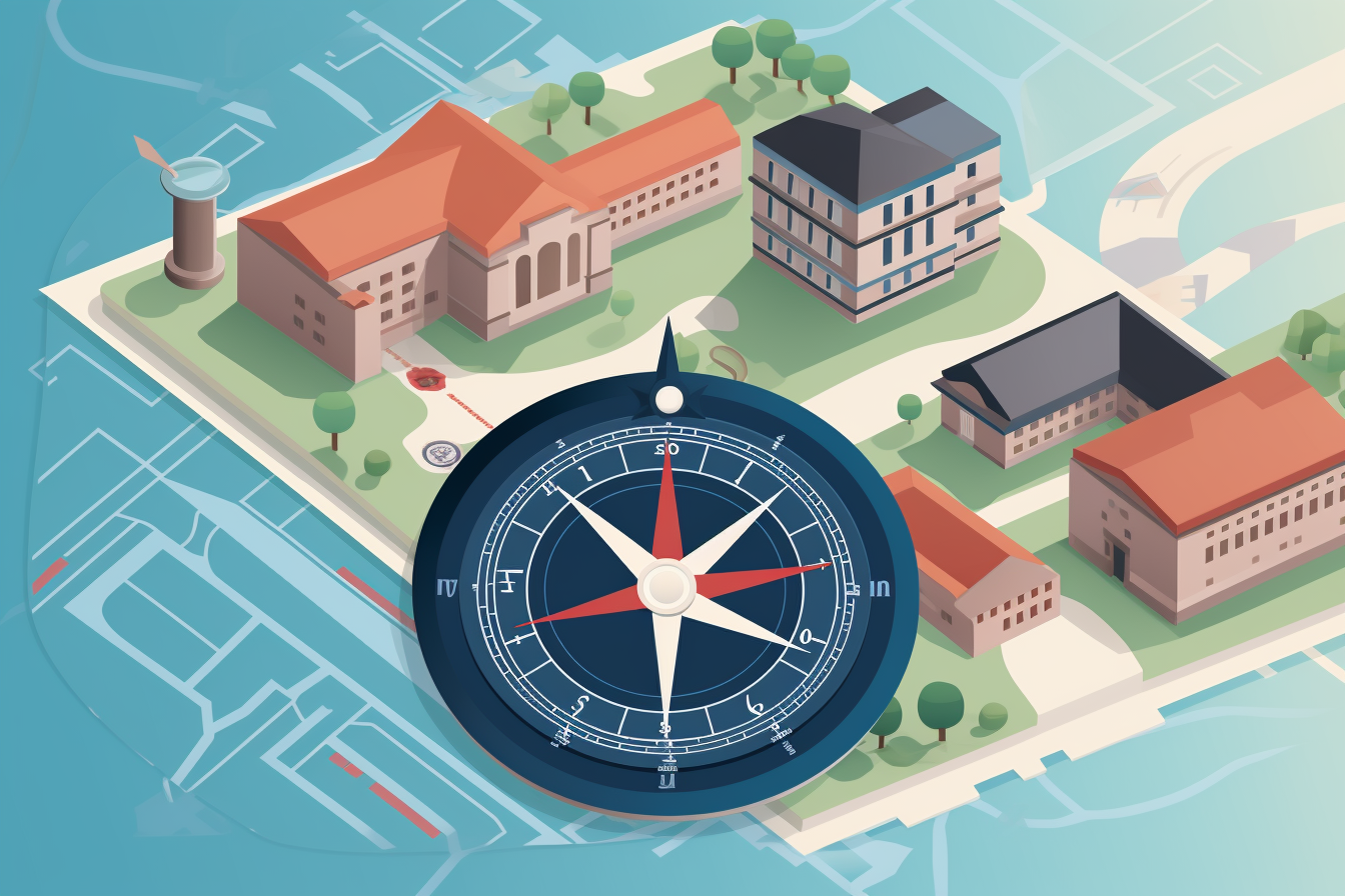 An image of a compass with a map of a college campus in the background, surrounded by various marketing tools (brochures, social media icons, etc.) to represent the importance of strategy in navigating the higher education market.