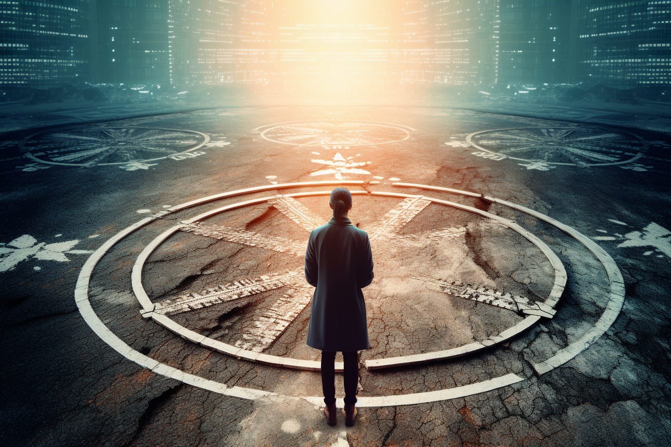 An image of a person holding a compass, standing at a crossroads with multiple paths leading in different directions. The person appears thoughtful and determined as they consider which path to take, symbolizing the importance of finding the right partner for further education marketing