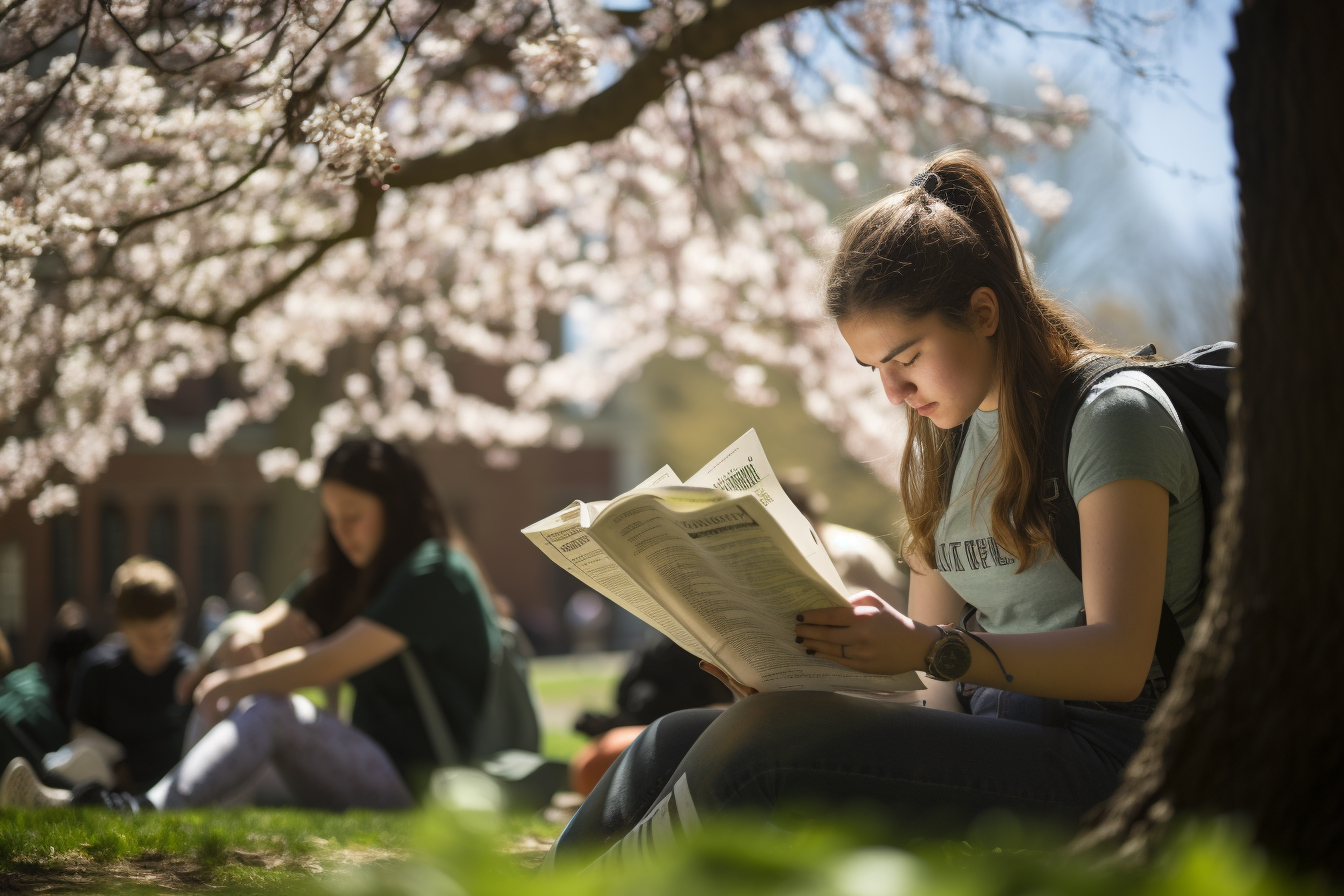 An image of a student reading a college brochure while sitting under a tree on a sunny day. In the distance, other students are seen engaging in campus activities.