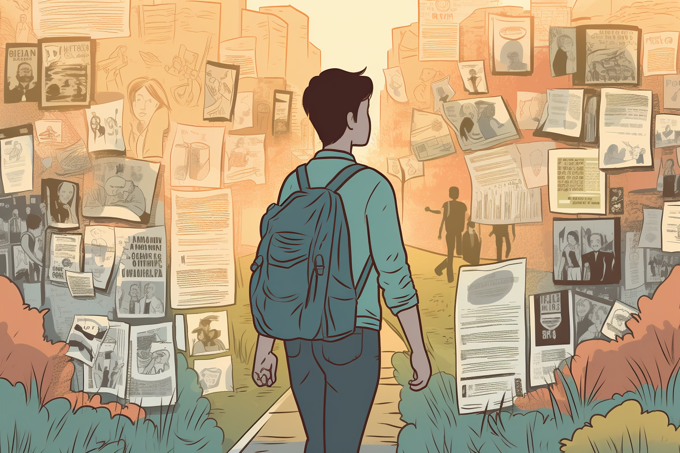 A An image of a student walking through a college campus, surrounded by various content marketing materials, such as flyers, posters, and social media ads. The student is engaged and curious, drawn in by the compelling narrative presented in the content.