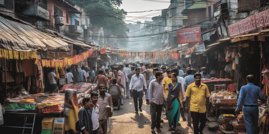 A bustling Indian street brimming with chaotic energy.
