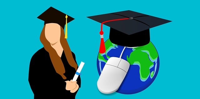 An image featuring a split-screen comparison of a traditional graduation ceremony and a virtual graduation ceremony, showcasing key metrics like attendance, engagement, and social media reach to visually depict the impact of digital marketing in higher education