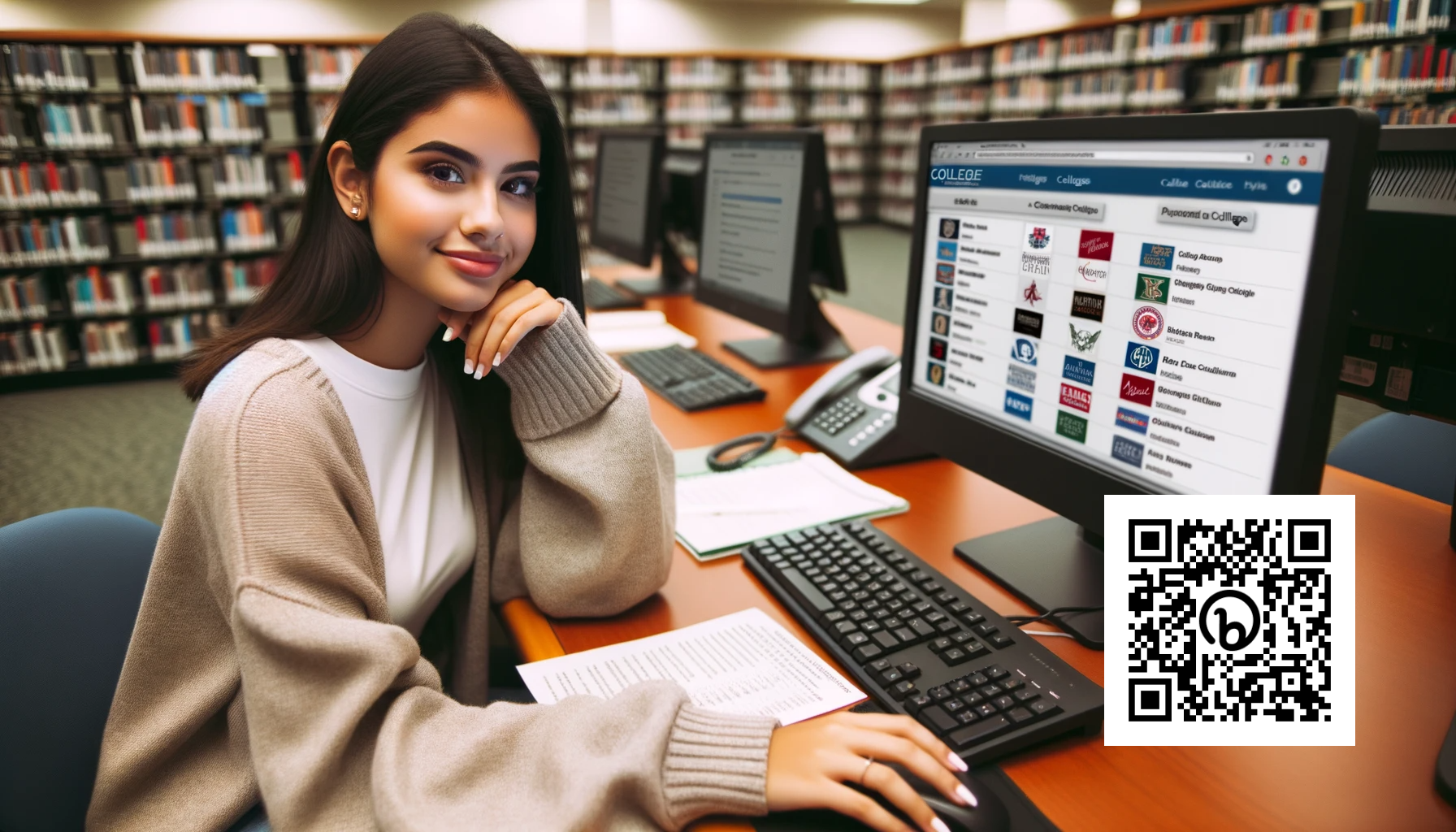 Photo of a young Hispanic woman at a library, browsing through college websites on a public computer. She has a list of colleges written on a piece of paper.
