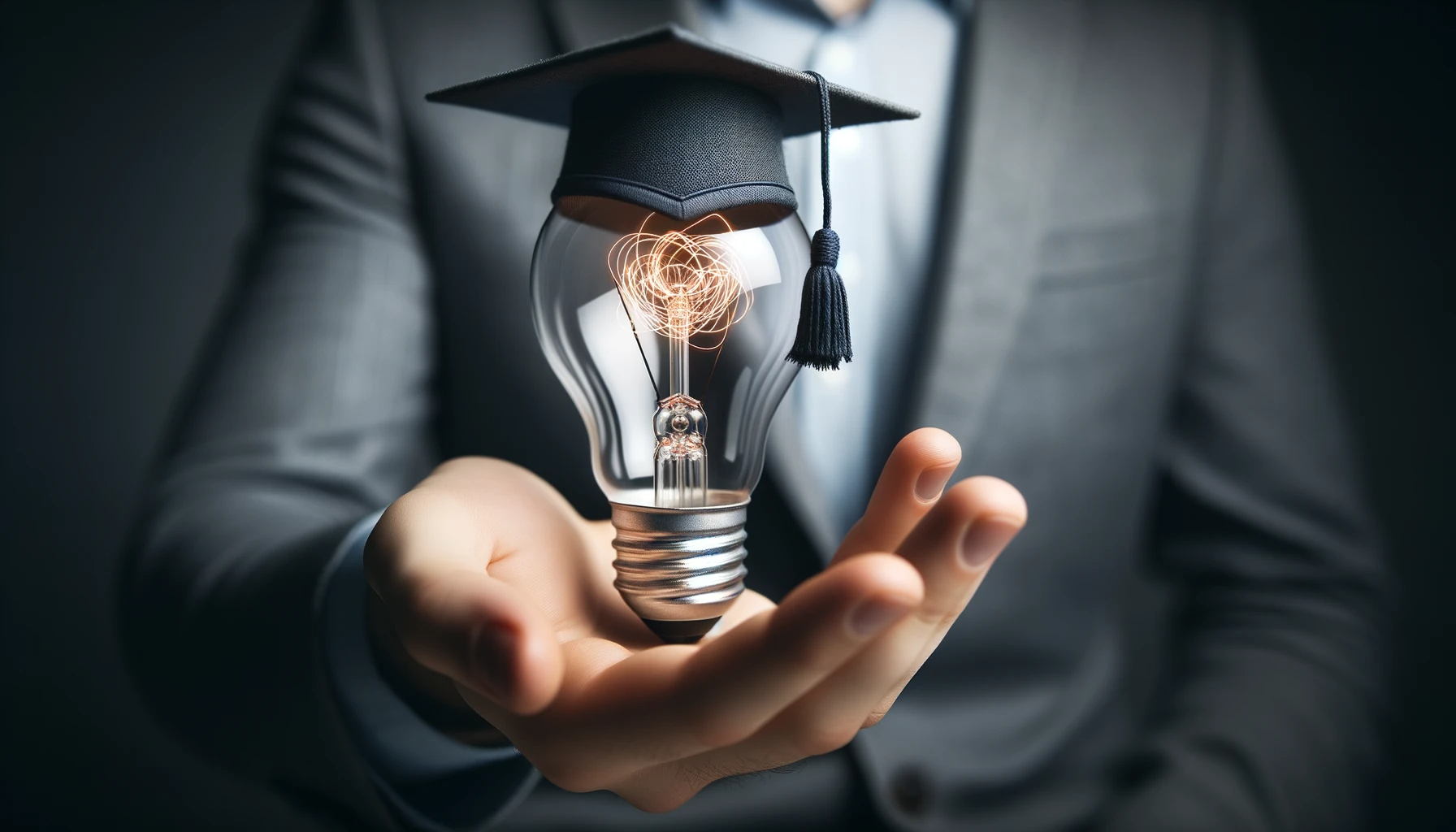 Photo of a male hand holding a clear lightbulb in the foreground. The filament of the lightbulb is intricately shaped like a graduation mortarboard.
