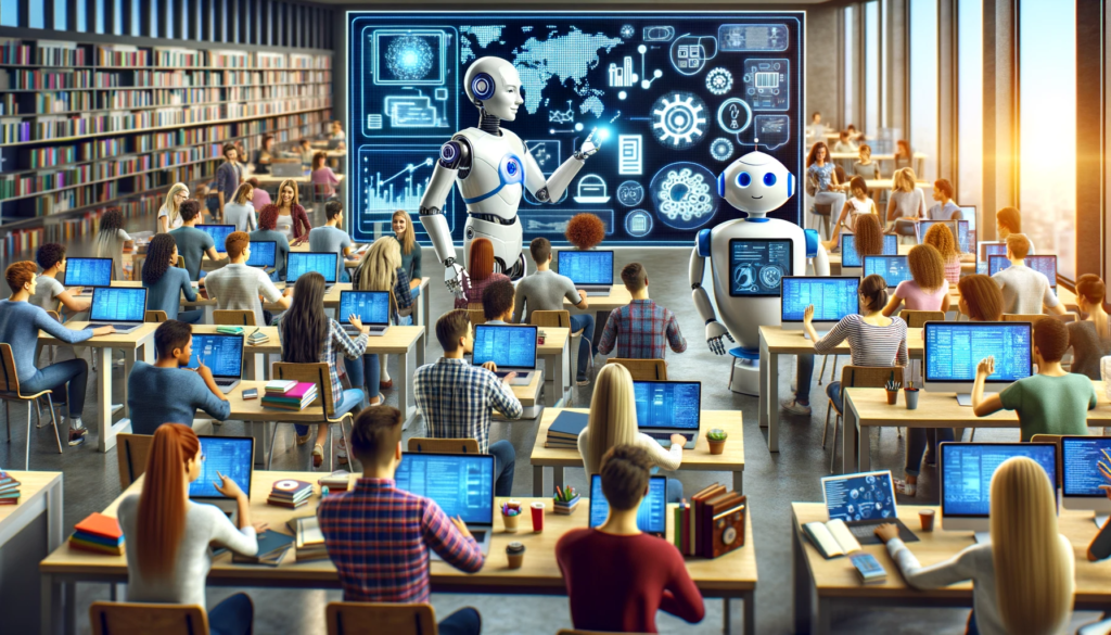 A modern university environment with a diverse group of college-age and adult students actively engaged with advanced technology. They are situated in a spacious, well-lit room that exudes a sense of innovation and collaboration. The students are utilizing laptops, tablets, and interactive screens, indicating a high-tech approach to learning and education. There's also an AI assistant in the form of a friendly robot, aiding a professor with organizational tasks on a large digital display. This setting encapsulates a futuristic and inclusive academic atmosphere, with elements that suggest a seamless integration of technology into the learning experience.