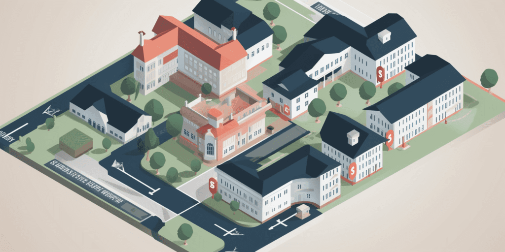 An illustrated model of a community college campus with arrows pointing to a central admissions welcome center