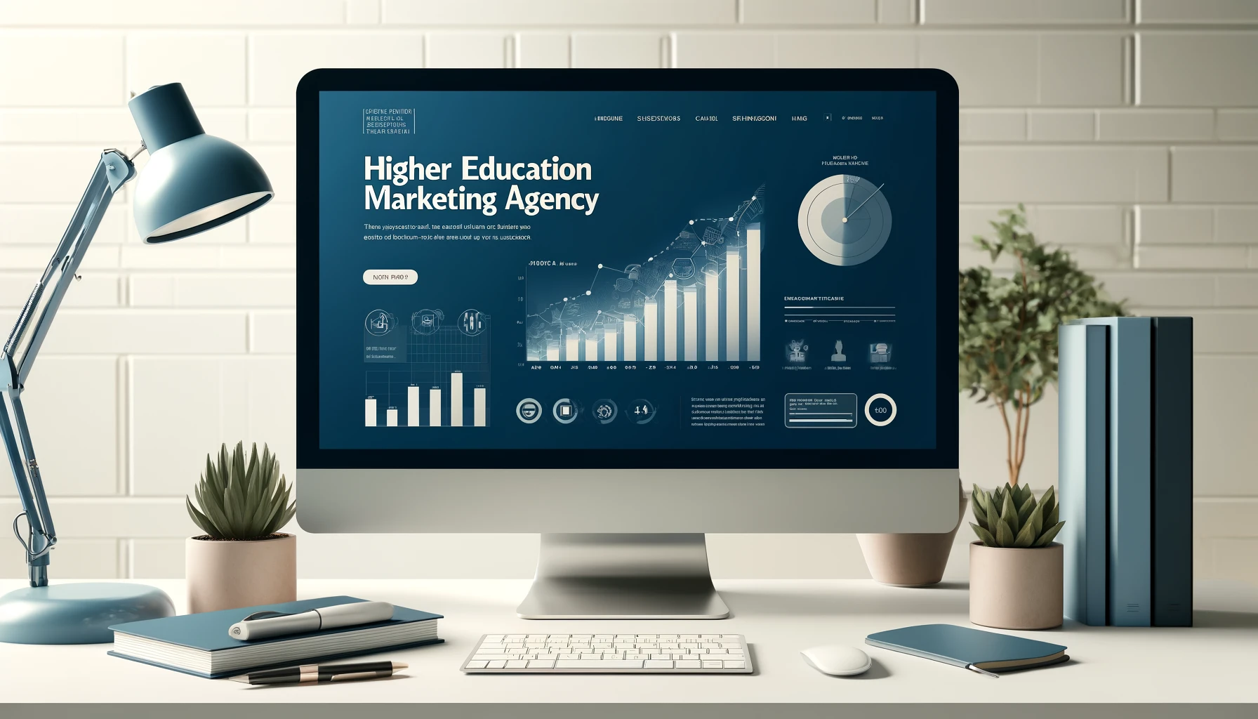 A widescreen image of a professional looking website on education, styled like a modern web page. The header crisply states 'Higher Education Marketing Agency'. The design includes elements like bar graphs, line charts, and pie charts to display data attractively. These graphical elements should be integrated seamlessly into the layout, demonstrating statistics or outcomes of marketing efforts. The main color theme of the website should include shades of blue and white, giving it a clean, academic, and professional appearance.