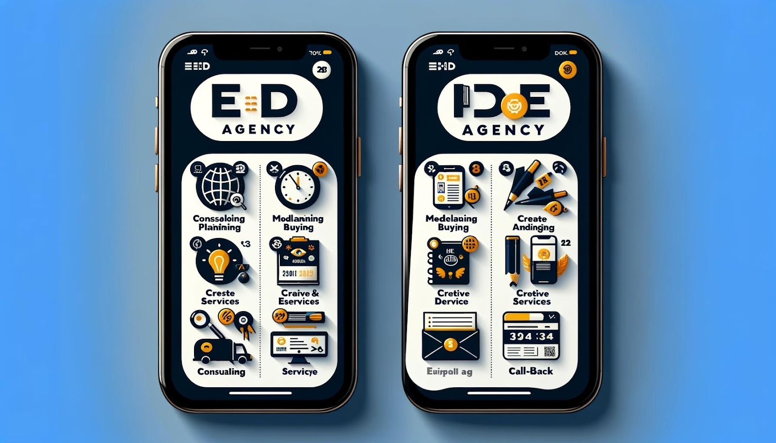 A widescreen iPhone-style image representing 'EdMarketing Agency', a full-service marketing consultancy for the educational sector. The image should encapsulate their services: consulting, media planning and buying, and creative services such as graphic and web design. No specific client details are shown, but elements should hint at the range and scale of projects undertaken. The design includes a section for contact information, suggesting professionalism and availability for inquiries or call backs. The style is clean, modern, and concise, fitting for a professional service provider.
