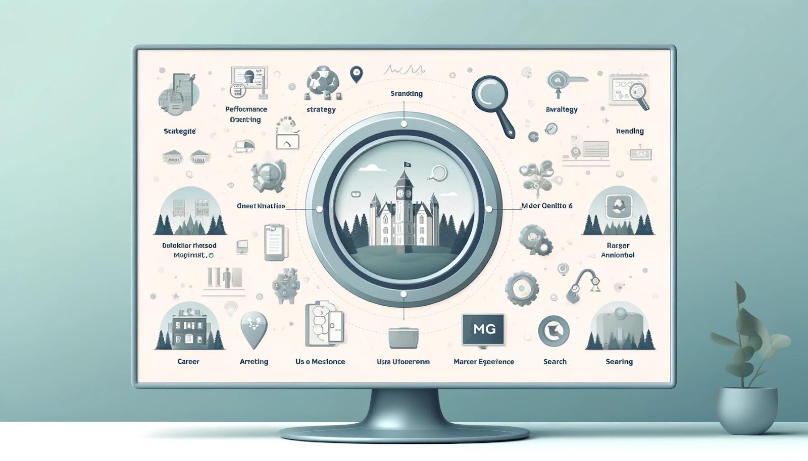 A widescreen image depicting 'VisionPoint Marketing', a digital marketing agency, in a minimalist design with soft, rounded corners. The image should feature icons and symbols representing the company's services: a performance-based advertising icon, a planner for strategy, a magnifying glass for user experience, a brand logo for branding, and a search icon for search services. Include a section with images of prestigious universities and medical institutions highlighting success stories. Also, visualize a career section indicating job openings and benefits, and a blog section filled with marketing articles. The color scheme should be soothing and corporate.