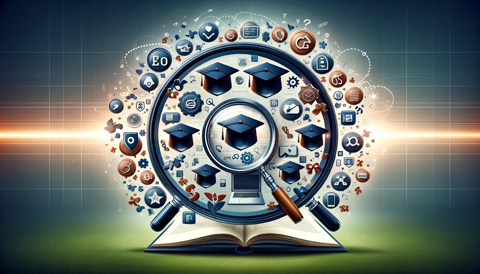 A conceptual widescreen image representing the services and expertise of a generic higher education marketing company. The design features a circle of academic graduation caps symbolizing their focus on education-based clients. Within this circle are various symbols: a magnifying glass overlaying a webpage for SEO and paid advertising; a stylized laptop screen for website design and development; a flow of letters and texts for inbound marketing; a variety of social media logos for social media management and advertisement; and a five-star rating symbol for reputation management. The arrangement is harmonious and indicative of the company's comprehensive approach to marketing in higher education.