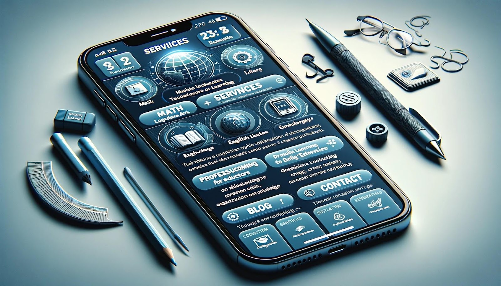 A widescreen image of a smartphone displaying the homepage of an educational technology company called 'A360 Education'. The screen includes several key sections. The 'Services' section highlights tools for Math, Science, English Language Arts, professional development for educators, and organizational consulting services. The 'Mission, Vision, and Values' section showcases the company's commitment to innovation, quality, and integrity. A 'Blog' section features articles on remote learning and the future of educational technology. Lastly, a 'Contact' section offers contact options like phone, email, and a physical location in Nebraska, USA. The design should be sleek, modern, and highly professional.