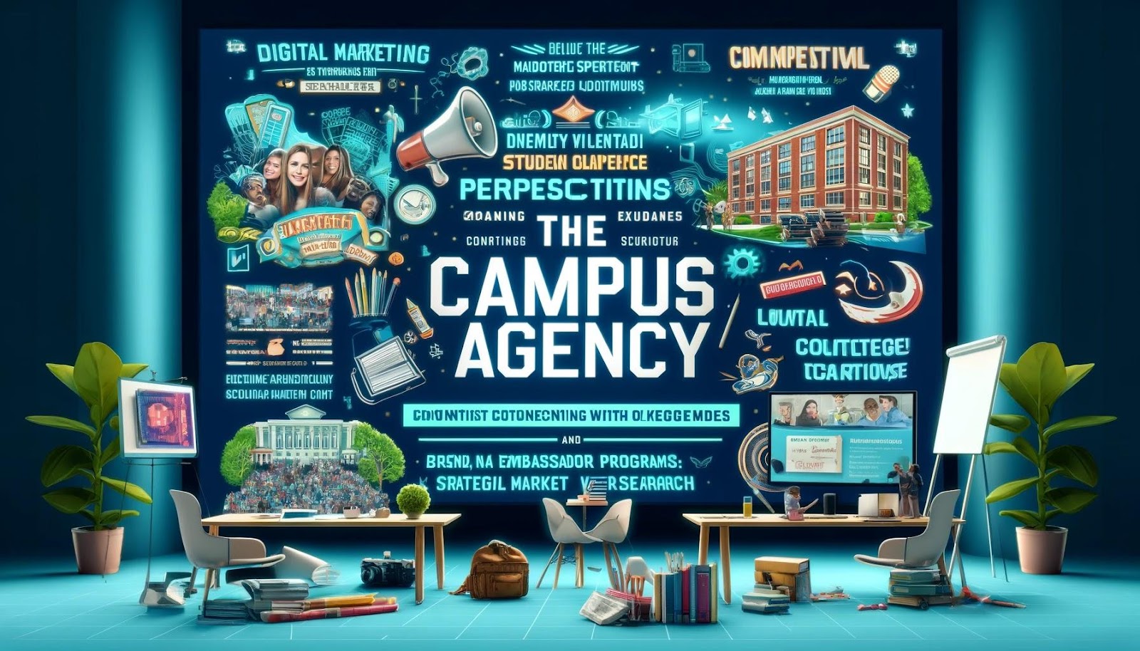 A widescreen image representing The Campus Agency, a premier marketing agency specialized in connecting brands with the college market. The design should emphasize dynamic and relevant student experiences. Include elements suggesting a wide range of services like digital marketing, brand ambassador programs, social media management, content creation, and strategic market research. Also, highlight their history of successful partnerships with various brands and include visual representations of client success stories. The overall style should be vibrant and engaging, reflecting the youthful and energetic college market they cater to.

independent schools, right marketing agency, online display advertising, marketing budgets, content management system, fashion institute, web services, user research, enrollment targets, higher ed space, current students, brand platforms