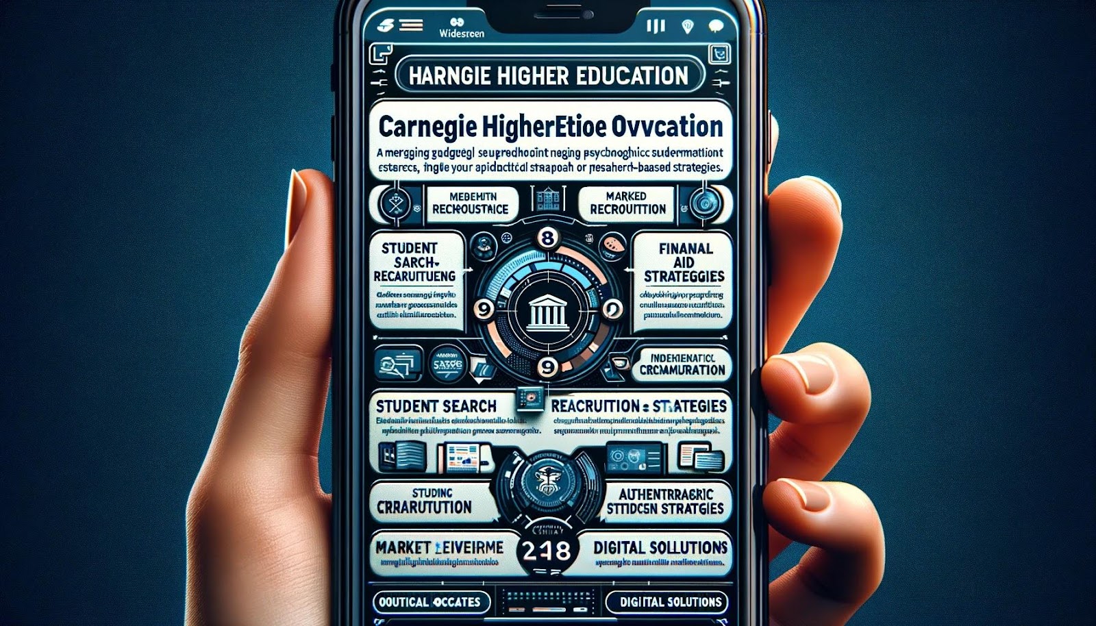 A widescreen digital phone-styled snapshot showcasing the 'Carnegie Higher Education Overview' theme. The display includes a summary of the company's extensive experience in higher education marketing and their dedication to research-based strategies. It features sections for services like student search, recruitment, financial aid strategies, market research, and digital solutions. Emphasize the unique approach of merging psychographic student research with various digital and operations strategies. Illustrate outcomes like improved student recruitment, broader audience reach, and authentic institutional representation. The design should have a sleek, modern look with the brand color and logo, reflecting technological prowess.