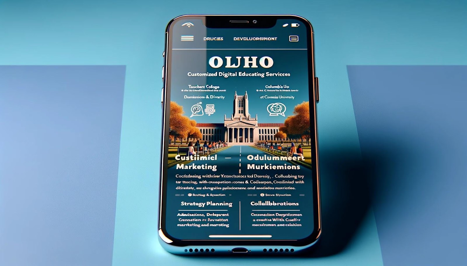 A widescreen image of a modern smartphone display, in the style of an iPhone, showing a webpage for a digital marketing company called OHO. The webpage focuses on services for higher education institutions. It includes sections on customized digital marketing services, a case study of success with Teachers College at Columbia University, and collaborations with admissions & development departments, as well as creative and content teams. The webpage also highlights strategy planning, execution, measurement, and optimization of marketing channels. The design should be sleek and professional, resembling a real webpage.
