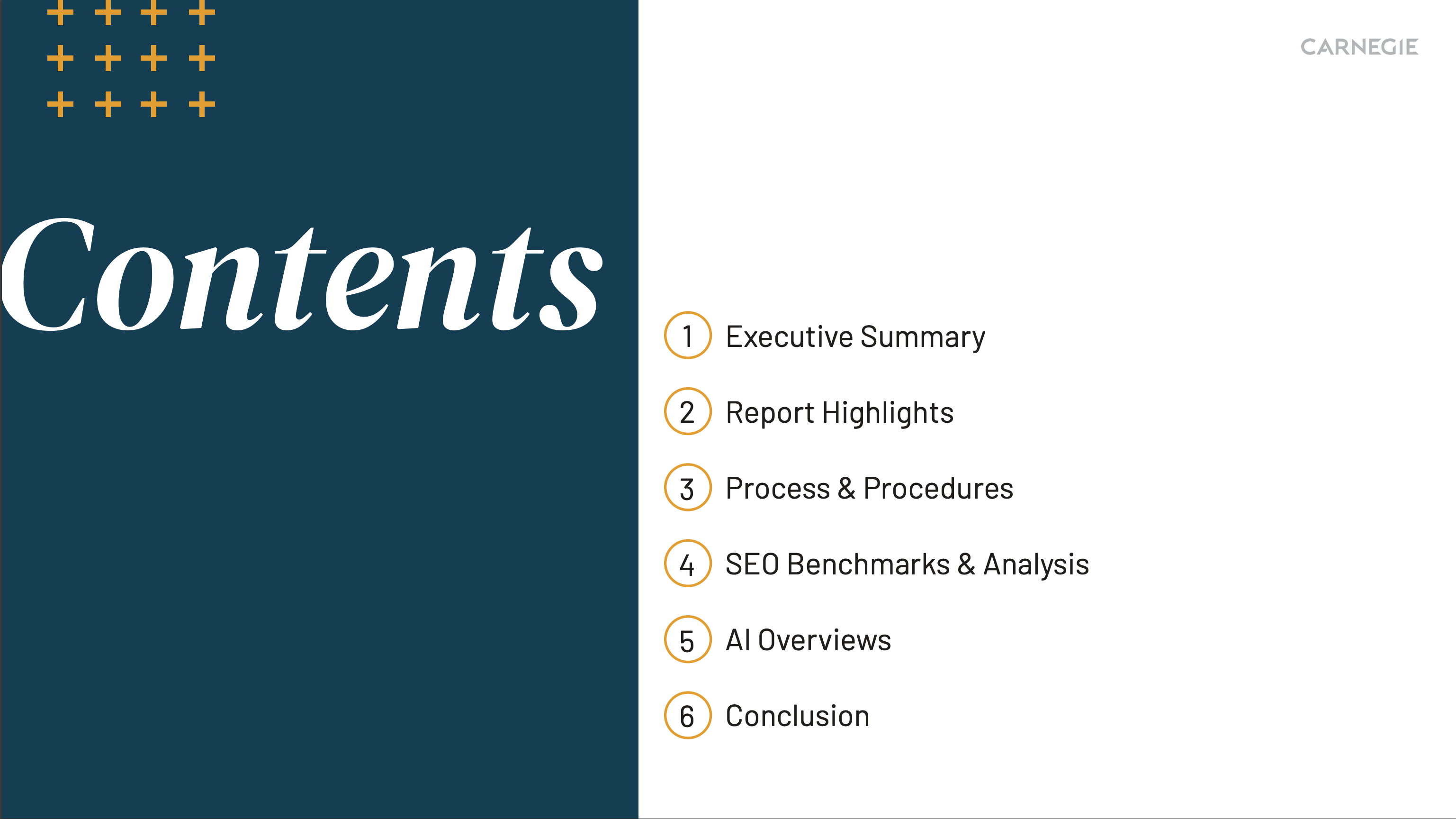 Image of Carnegie Higher Ed SEO Benchmarks 2024 - table of contents slide