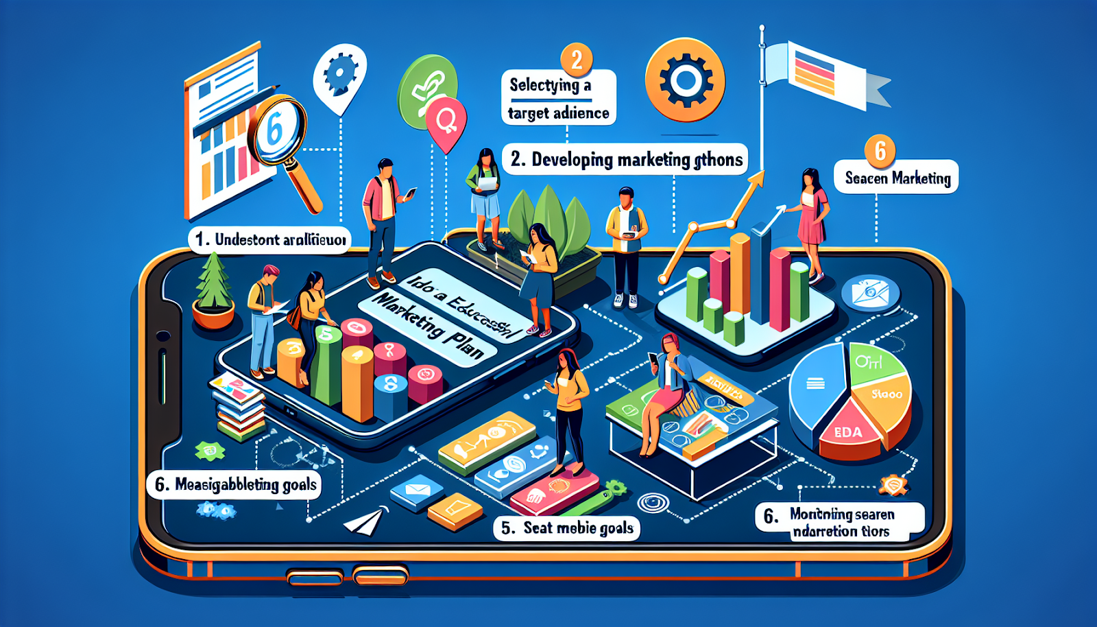 an image that represents 'How to Develop a Successful Education Marketing Plan'. The image should show six steps on a modern smartphone interface. Step 1: Understanding the target audience, indicated by diverse student avatars and market research elements. Step 2: Selecting key marketing channels, depicted by icons of different media platforms. Step 3: Setting measurable goals, shown as a progress bar or chart. Step 4: Developing a content marketing strategy, symbolized by engaging content items. Step 5: Implementing Search Engine Optimization (SEO), represented by a magnifying glass on a web page. Step 6: Monitoring and adjusting the plan, illustrated by a dynamic graph readjusting. In the background, include tools such as Google Analytics, Social Media channels, Email marketing software, and content creation tools, denoting the digital tools needed for a successful marketing plan.