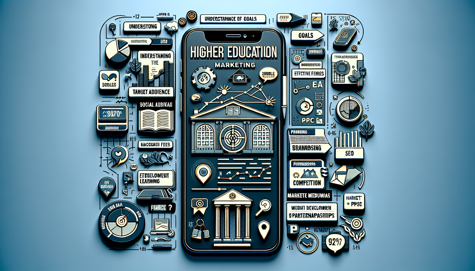 A composition visually representing key elements of higher education marketing as described in a selected guide. The centre of the image presents a modern smartphone, reminding of an iPhone, displaying a stylized webpage with sections on marketing strategy. Bullet points outline the understanding of goals, target audience, effective mediums, and market trends including tuition fees, branding, remote learning, and competition. Approach features social media icons for LinkedIn, Facebook, Instagram, website development strategies, SEO and PPC symbols, and representations of partnerships. Image embodies digital marketing and online learning trends.