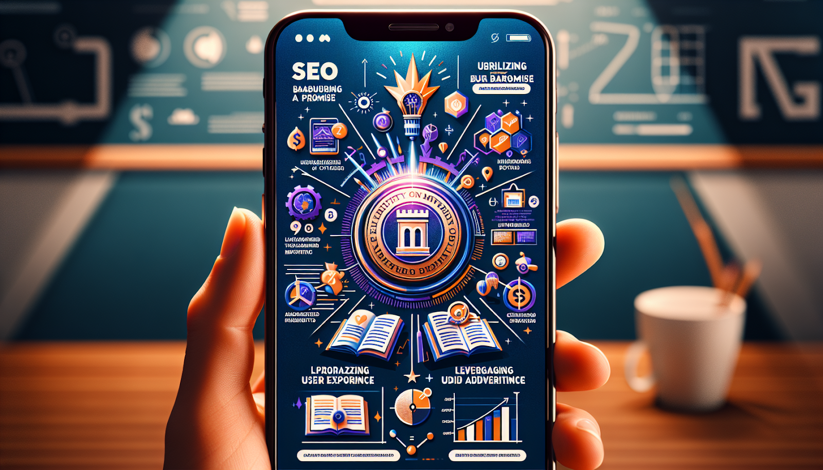 an image in the style of a screenshot of a smartphone display. On the screen, we see an engaging infographic-style webpage detailing the four key strategies for successful higher education marketing. Strategy 1 speaks of 'Nurturing a Brand Promise' with an image of a unique university emblem shining brightly. Strategy 2 focuses on 'Utilizing SEO' shown through a graphic of a search engine and keywords. Strategy 3, 'Prioritizing User Experience (UX)', is represented by a user interacting with a user-friendly and clear website layout. The last strategy, 'Leveraging Paid Advertising', is represented by an image of targeted digital ads on various social media platforms. Finally, a bar graph at the end of the webpage shows 'Enrollment Rates' increasing due to effective marketing.