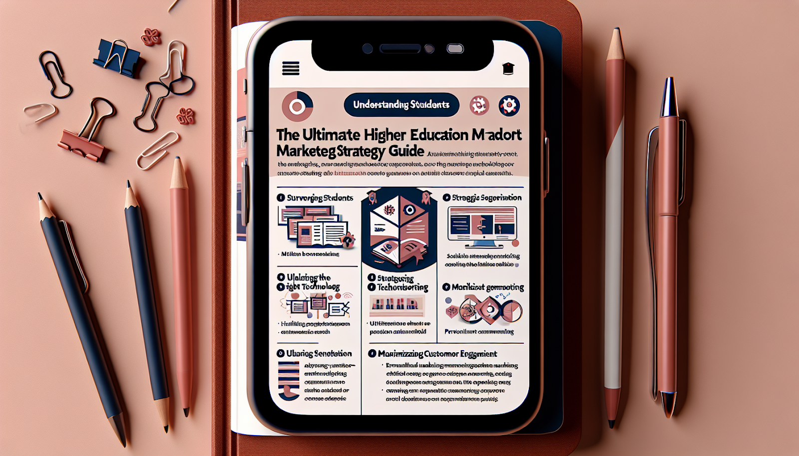 an image akin to an iPhone screenshot showcasing a webpage titled 'The Ultimate Higher Education Marketing Strategy Guide'. This theoretical webpage displays a detailed guide about effective marketing strategies for educational institutions. Sections and topics include 'Understanding Students', emphasizing surveys and data analytics, 'Strategic Segmentation' highlighting personalized marketing messages based on audience characteristics, 'Utilizing the Right Technology', advising on the use of CRM systems, email marketing and social media, 'Personalization', encouraging schools to tailor their communications and services to each student's unique needs, and 'Maximizing Customer Engagement', discussing the importance of relevant communications and an active social media presence. Illustrate these sections clearly in a neat and user-friendly interface.