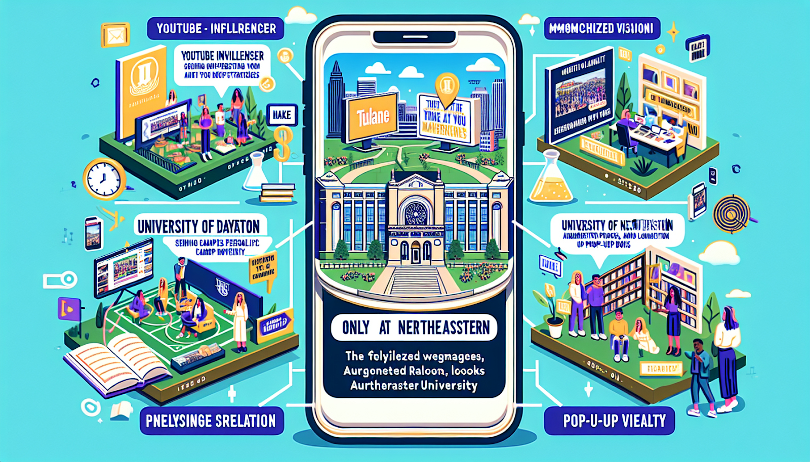 a detailed visual representation exhibiting the future trends in Higher Education Marketing. Incorporate three different scenes to represent three educational institutions using level-up strategies. For the first scenario, depict a YouTube influencer promoting a university showing an energetic campus life for Tulane University. In the second scene, illustrate University of Dayton sending personalized video messages, augmented reality books, and pop-up view books to prospective students. For the third scenario, visualize the contrasting versions of 'Only at Northeastern' campaign reflecting unique programs, location, and co-op experiences at Northeastern University. Blend into the composition elements of omnichannel marketing, personalization, influencer marketing, and themes of augmented and virtual reality. Ensure the layout has an iPhone-style frame around it.