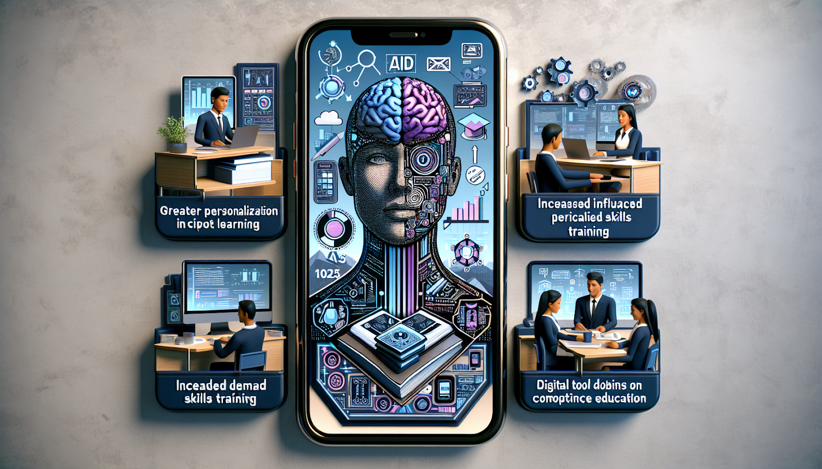 a representation of a high-tech iPhone-styled photo that visually captures key 2025 education market trends according to market expert predictions. The five major trends include greater personalization in learning, the growing influence of artificial intelligence (AI), increased demand for skills training, digital tools dominating classrooms, and a heightened focus on competency-based education. Illustrate the integration of AI in personalised learning environments and digital classroom setups. Highlight job-oriented skills training and emphasise the significance of competency-based educational models. Hint at the anticipated influence of technology in reshaping education and towards more personalised and competence-oriented learning strategies.