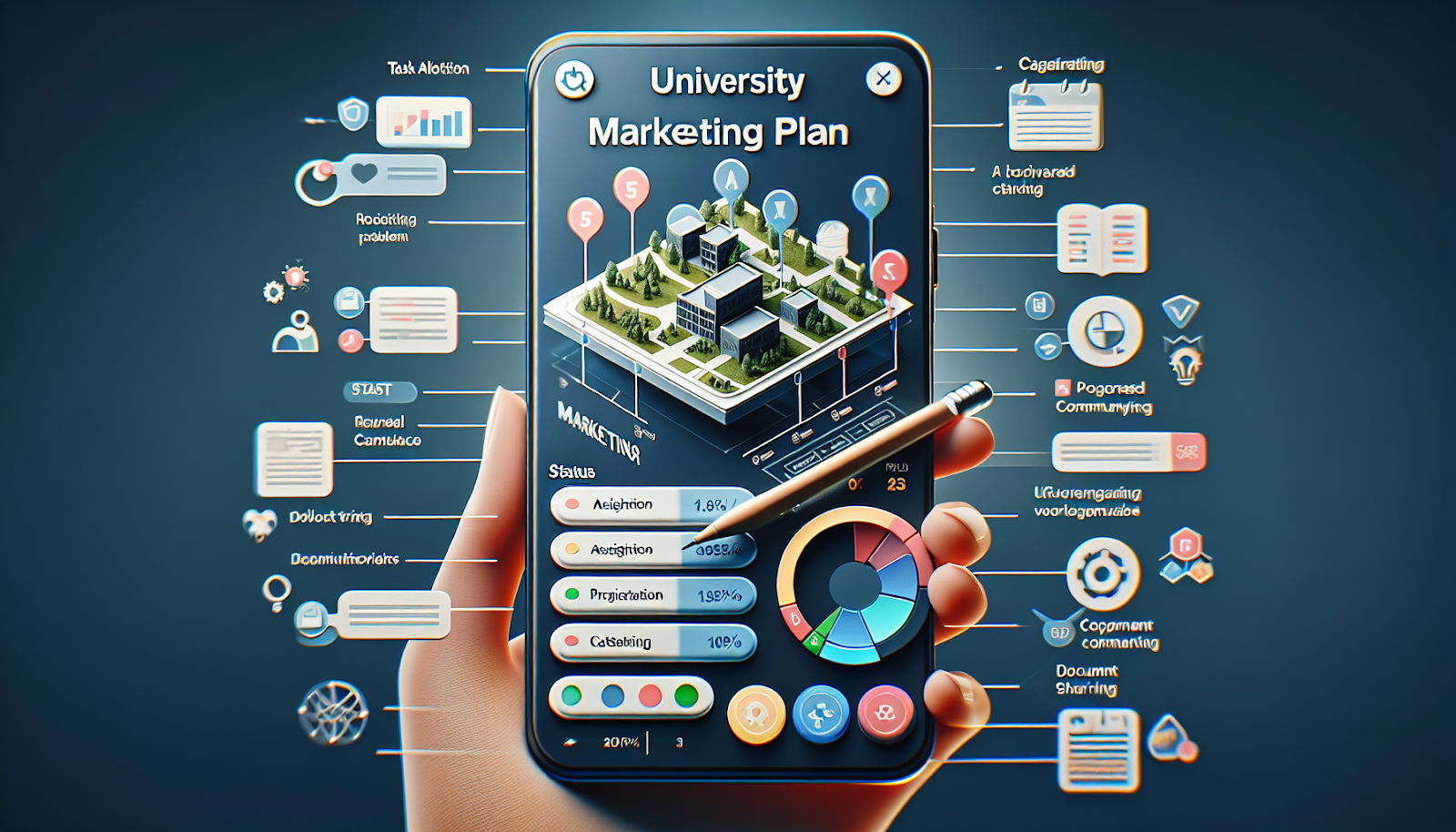 a snapshot that symbolizes ClickUp's university marketing plan template. The image can include elements like a sleek, modern smartphone showcasing this plan. The displayed template emphasizes efficient task allocation, assignment, prioritization and categorization, capturing the essence of a centralized workspace. Various status options and color codes can be visible for progress tracking. We can also see a comment and document sharing feature, symbolizing real-time communication. Emphasis should be on the user-friendly interface, effective task management, and the ability to boost productivity, highlighting an organized, efficient, and streamlined project management.