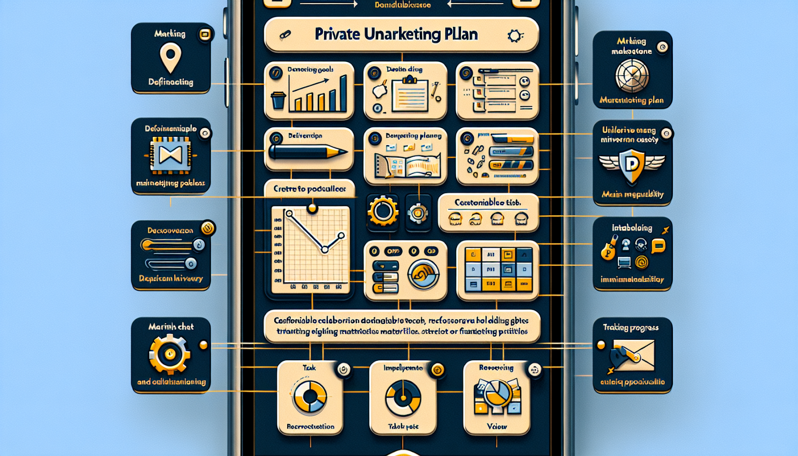 an iPhone style image, centered on a Private University Marketing Plan Template. The visual should evoke features of a cutting-edge educational tool. Show categories of customizable tags for marketing tasks, a digitized repository holding marketing materials, and a task-list for tracking responsibilities. Display a Gantt chart view demonstrating progress on different marketing activities. Convey improved collaboration, resource efficiency, increased productivity and strict adherence to timelines. Include buttons or icons representing main functions - defining marketing goals, creating a plan, implementing it, tracking progress and reviewing. The general theme should suggest centralized and organized management.