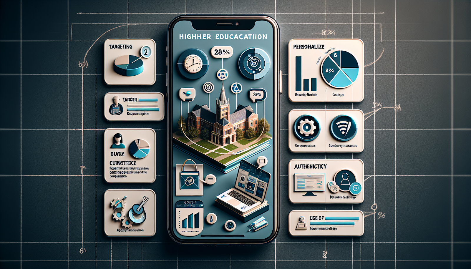  a visually appealing, iPhone style photo depicting the concept of marketing higher education programs. The image focuses on five fundamentals: targeting, personalization, consistency, authenticity, and use of data. Different interactive elements such as pie charts symbolizing current statistics, icons representing electronic advertisements, and an email inbox for personalized email campaigns are incorporated. Authentic representation of college experience is shown through university building images and classroom settings. Finally, analytical graphics representing data-driven decision making processes are present. The overall mood of the image is informed, professional, and contemporary.