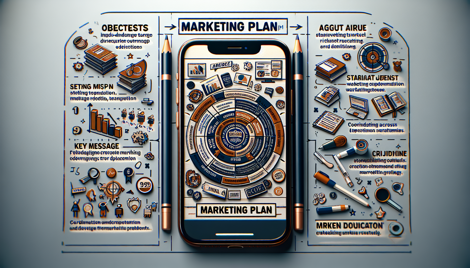 an image in the style of an iPhone photo that signifies a comprehensive guide to a Higher Education Marketing Plan. The image should encompass the core elements of a marketing plan including strategic objectives, target audiences, brand positioning, key messages, and marketing channel strategy. The image representation should also illustrate steps to develop this plan, such as setting objectives, identifying target audience, brand positioning, creating key messages, and selecting marketing channels. Include elements that symbolize the tips for standing out including data-driven decisions, coordination across departments, leveraging social media, and gathering feedback. The overall image should transmit the message of the importance of a solid marketing plan for colleges and their efforts to attract and retain students.