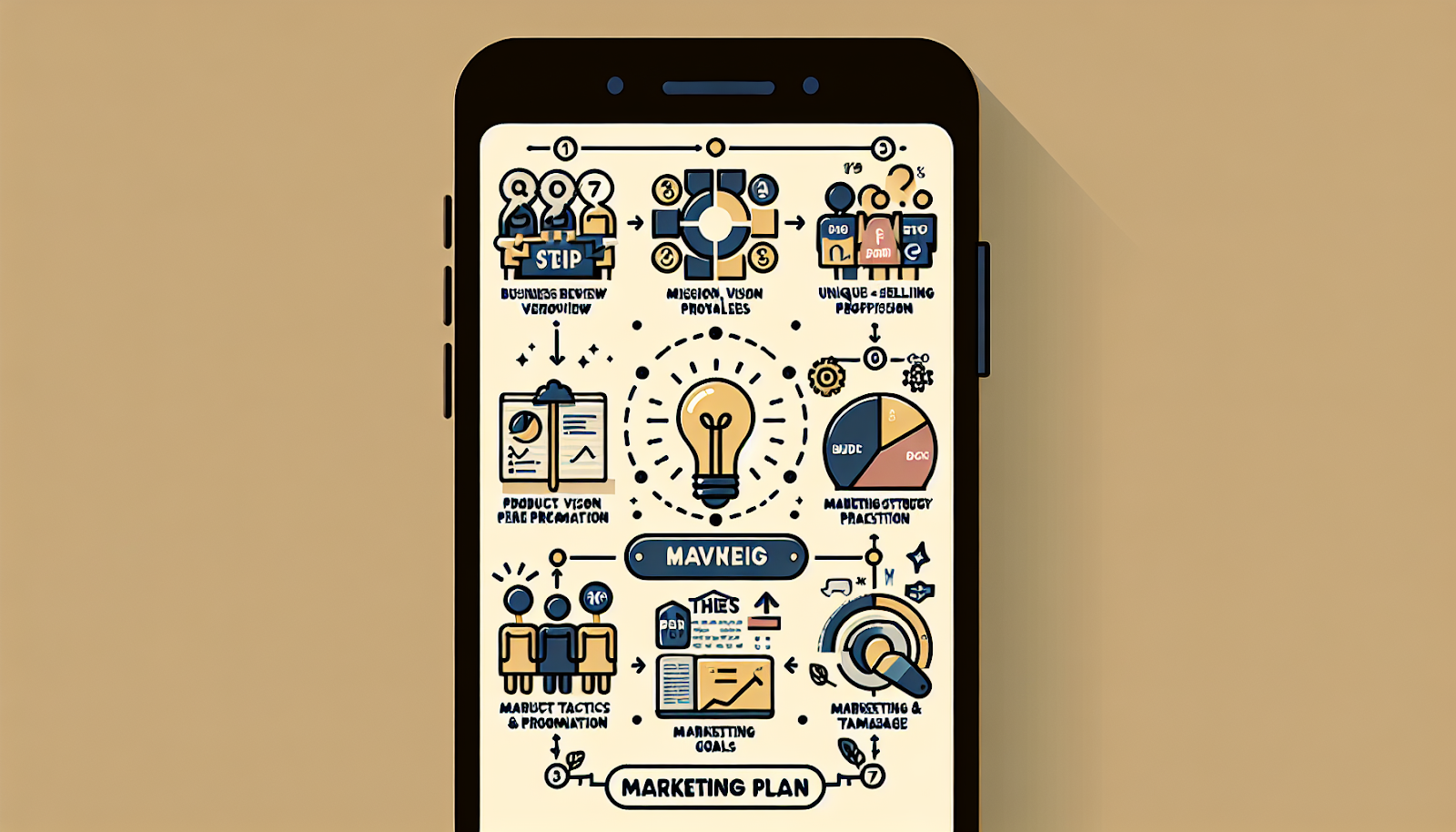 a neat and ordered image styled like an infographic on a smartphone screen showing 7 steps to a successful marketing plan. The steps should be: 1) Business Review, with symbols for mission, vision, values, and SWOT analysis, 2) Target Market, represented by an icon of diverse people, 3) Unique Selling Proposition, marked by a light bulb or other symbol of unique idea, 4) Marketing Strategy, shown as the 4Ps - product, price, place and promotion 5) Budget, depicted as a pie chart or graph, 6) Marketing Goals, symbolized by a finish line or other sign of achievement, and 7) Marketing Tactics & Message, represented by a megaphone or communication symbols. The overall layout should be clear, minimalist and appealing, balanced between text and visuals.