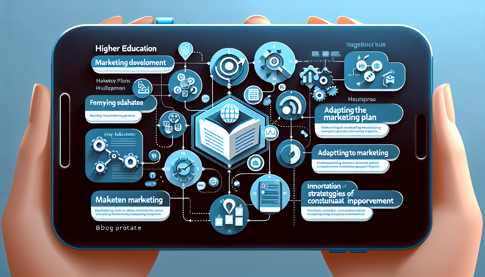 an infographics-style image in the style of a modern, sleek smartphone interface. It should be themed around 'Higher Education Marketing Plan Development: Agency Best Practices'. The image should include different sections such as 'Higher Education Marketing Landscape', 'Formulating the Marketing Plan', 'Adapting Marketing Strategies to Higher Education', and 'Importance of Continuous Improvement'. Each section should have a brief summary of the points mentioned in the blog post with symbols or icons that visually represent the ideas proposed in the article, such as the use of data, storytelling, digital marketing, and the importance of constant adaptation.