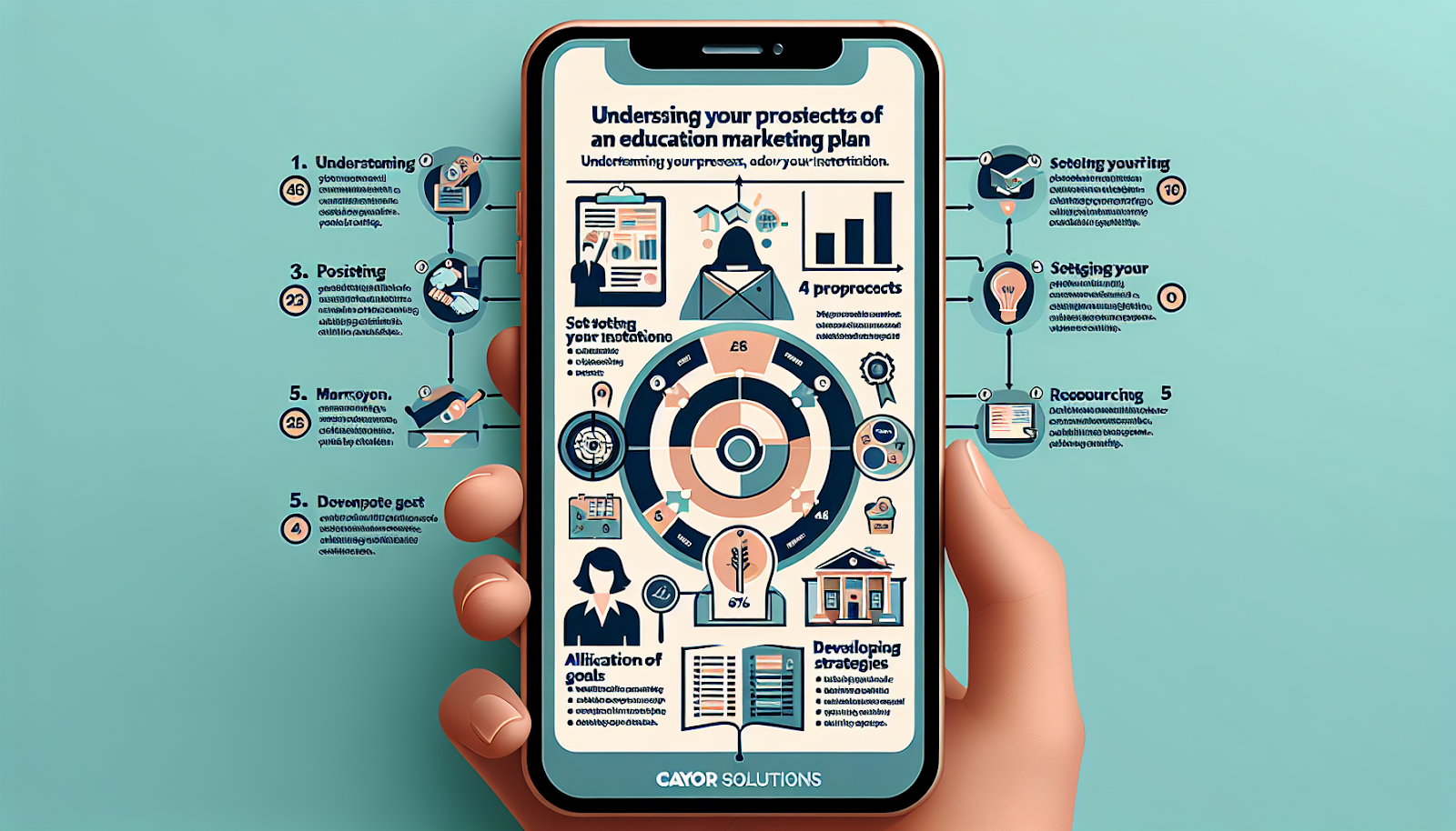 an image inspired by a well-designed infographic for a smartphone. The infographic should condense the first five components of an education marketing plan, as described by Caylor Solutions. These components consist of: (1) Understanding your Prospects, (2) Positioning your Institution, (3) Setting Marketing Goals, (4) Allocation of Resources, (5) Developing Creative Strategies. Each component should be visually represented with associated iconography & brief descriptions. The layout should be optimized for a mobile phone interface.