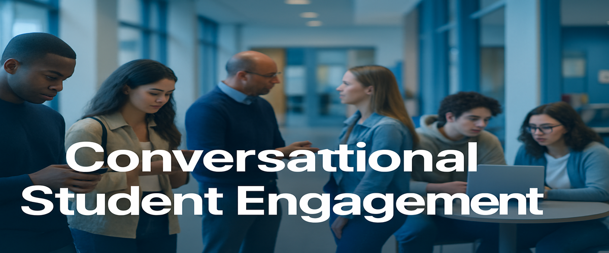 Image of students texting, advising, and studying in a university lobby; centered text Conversational Student Engagement
