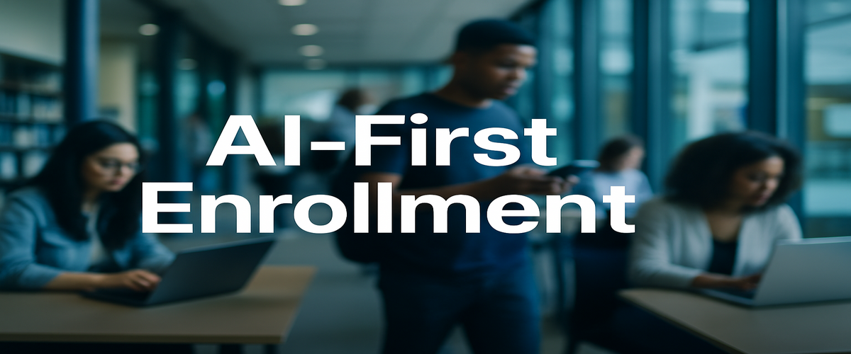Image of the headline 'AI-First Enrollment' centered over a university library scene with students at study tables.