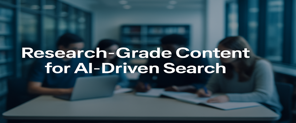 Image of students collaborating in a university library; headline 'Research-Grade Content for AI-Driven Search'.