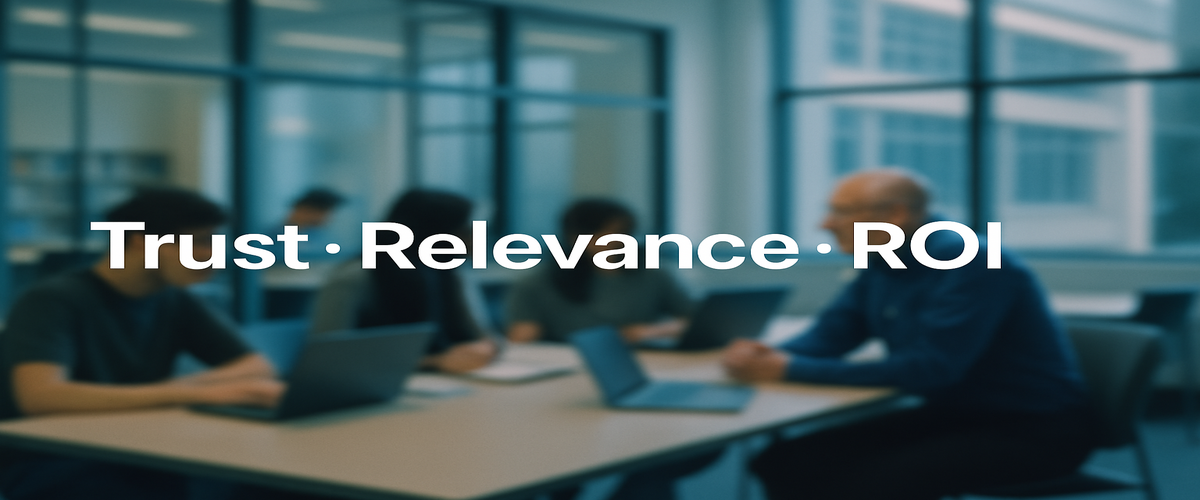 Image of students meeting with an advisor in a study area, with centered text 'Trust • Relevance • ROI'.