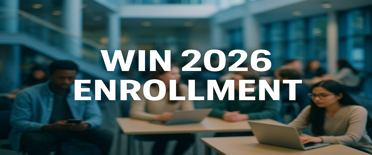 Image of the headline 'Win 2026 Enrollment' over a blurred campus atrium with students studying and on laptops.