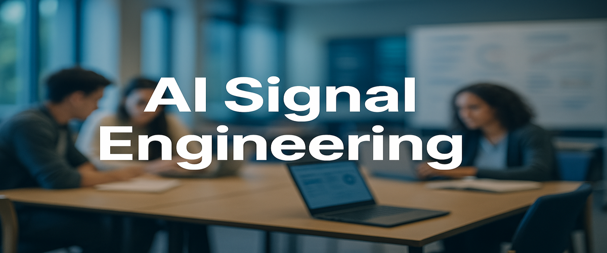 Image of the words 'AI Signal Engineering' over an academic study scene with students and laptops.