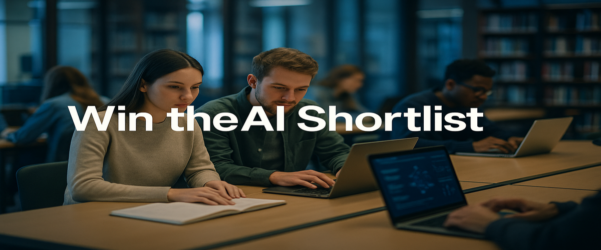 Image of students working at laptops in a university library; overlay text reads 'Win the AI Shortlist'.