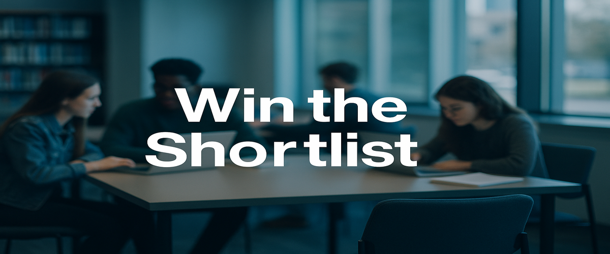 Image of the text 'Win the Shortlist' centered over a blurred university study lounge with students working together.