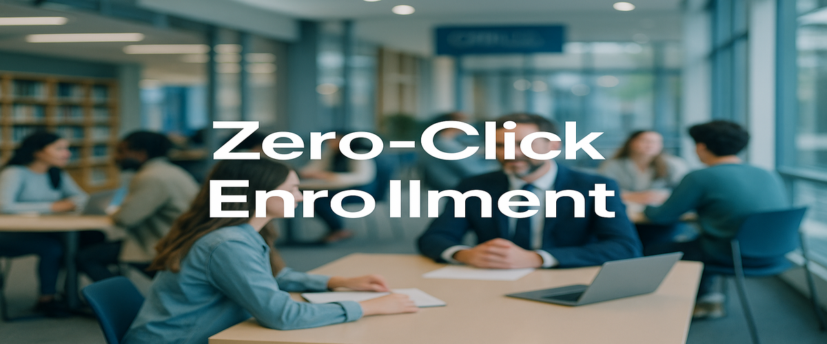 Image of students collaborating in a university library; 'Zero-Click Enrollment' headline in the foreground.